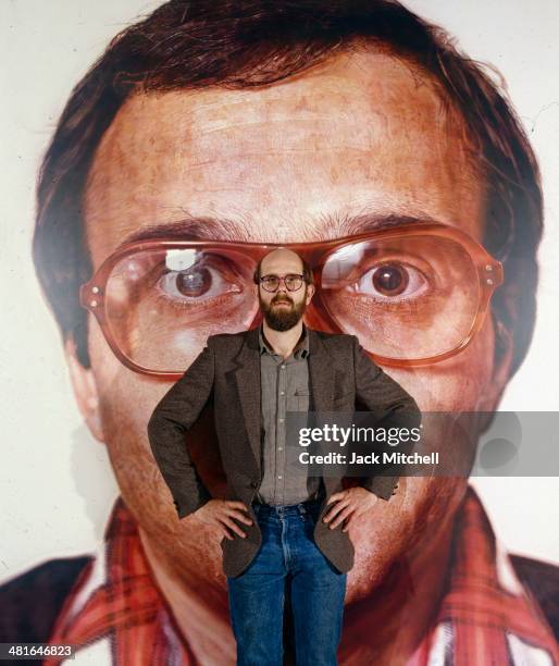 Photorealist painter Chuck Close photographed in 1981 at his retrospective exhibition at the Whitney Museum in New York City.