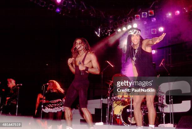 Pop duo Milli Vanilli, with Fab Morvan and Rob Pilatus , perform onstage, Chicago, Illinois, July 8, 1989.