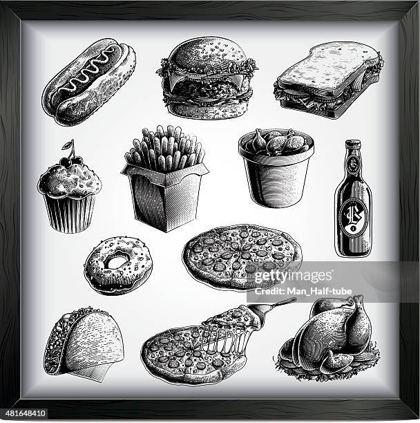 fast food set - woodcut illustration stock illustrations