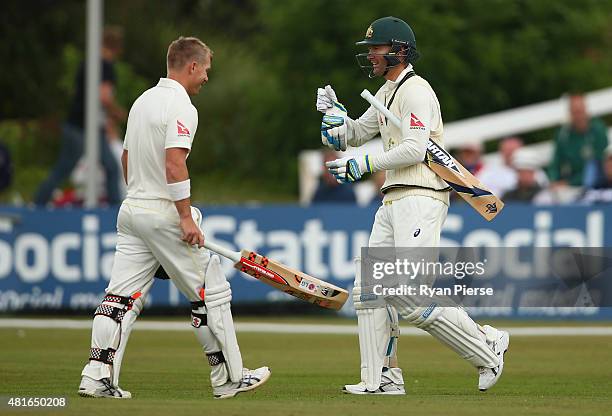 Michael Clarke of Australia walks out to bat after David Warner of Australia retired after reaching his century during day one of the Tour Match...