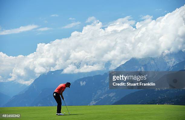 Danny Willett of England putts during the first round of the Omega European Masters at Crans-sur-Sierre Golf Club on July 23, 2015 in Crans-Montana,...