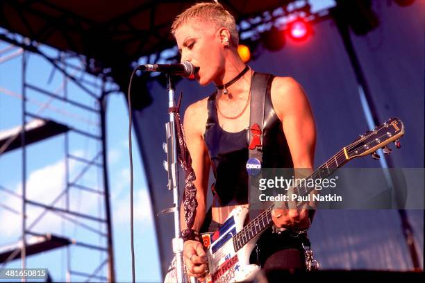 Musician Joan Jett performs onstage at the World Music Theater, Chicago, Illinois, September 3, 1997.