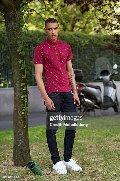 Model Josh Bartley after the Bottega Veneta show in a Farah shirt, Levi's jeans and Adidas sneakers on June 21, 2015 in Milan, Italy.