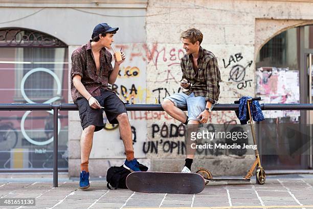 French models Luka Badnjar and Baptiste Radufe after Missoni at Universita degli Studi di Milanoon June 21, 2015 in Milan, Italy.