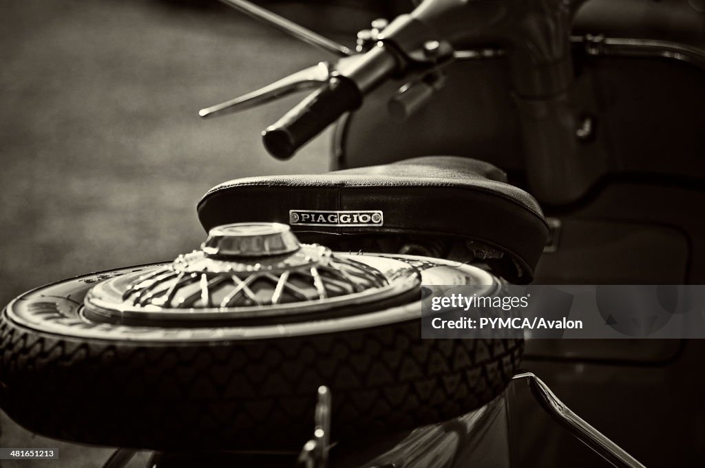 Piaggio Vespa with Single Saddle parked on Ryde Common, Isle Of Wight Scooter Rally 2010.