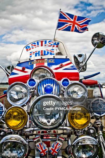 Mod Scooter emblazoning the Union Jack and 'British Pride' on Ryde Seafront, Isle Of Wight Scooter Rally..