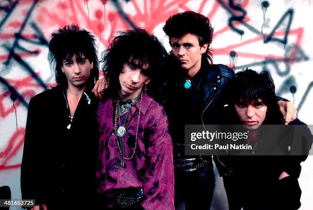 Portrait of the music group Lords of the New Church, Chicago, Illinois, May 22, 1985. Pictured are, from left, Dave Tregunna, Stiv Bators, Nicky...