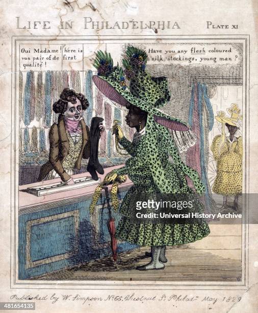 Life in Philadelphia. Plate 11 / C. Edward Clay, 1799-1857, engraver. Etching, hand-coloured Print shows an African American woman, wearing a very...
