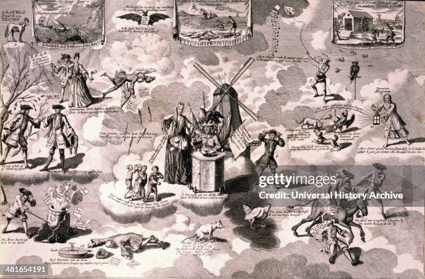 De verslagen actionist in de stoel met rinkels, overreeden geweest van't geLauwerd Paard van Troje, 1720. Engraved satire on the South Sea Company...