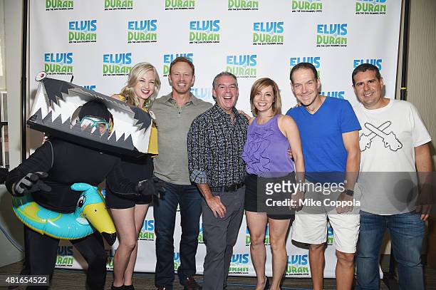 Greg T, Bethany Watson, Actor Ian Ziering, Elvis Duran, Danielle Monaro, Froggy, and Skeery Jones pose for a picture at "The Elvis Duran Z100 Morning...