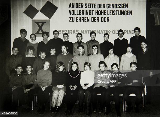 Reproduction made 13 September 2005 of a picture representing Angela Merkel-Kasner posing in 1971 for a group photo during the Mathematics Olympiad...