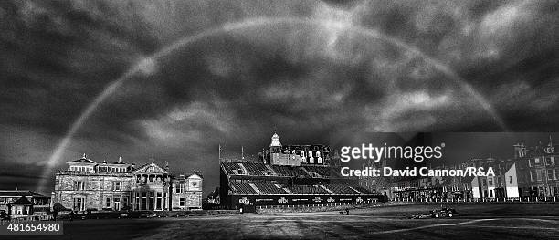Rainbow appears over the 18th green and the R&A Clubhouse shortly after play had finished during the third round of the 144th Open Championship at...