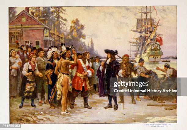 The landing of William Penn by Jean Leon Gerome Ferris, 1863-1930, artist. Print shows William Penn, in 1682, standing on shore greeted by large...