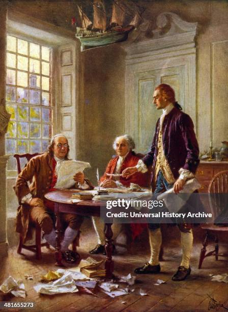 Writing the Declaration of Independence, 1776 by jean Leon Gerome Ferris, 1863-1930, artist. 1932. Photomechanical print : halftone, colour showing...