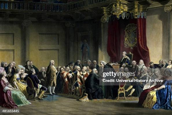 Benjamin Franklin standing before the Lords in Council in Whitehall Chapel, London in 1774,
