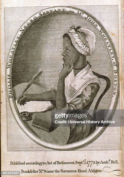 African-American poet Phillis Wheatley, half-length portrait, seated at desk with pen and paper, facing left by Scipio Moorhead.