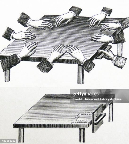 Spirit writing, arrangement of hands on table in order to produce spirit writing on a slate during a séance. At bottom shows tabled adapted for...