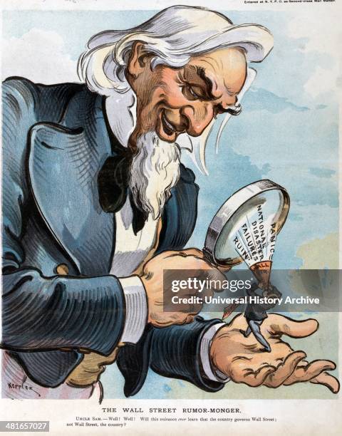 The Wall Street rumour-monger by Udo Keppler, 1872-1956, artist. Published 1903. Illustration shows Uncle Sam using a magnifying glass to see in his...