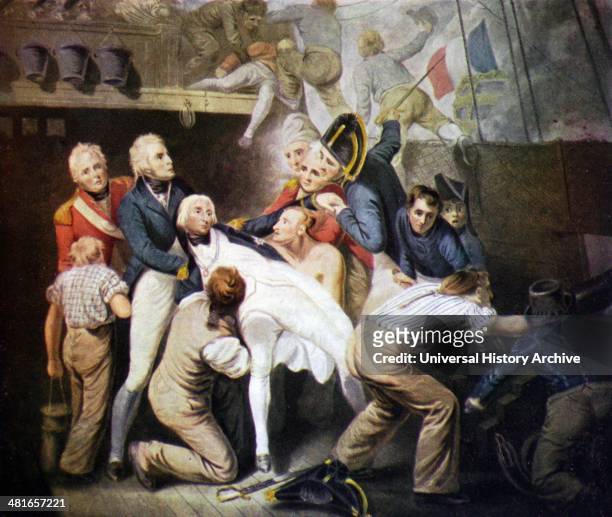 Nelson wounded at the Battle of Trafalgar 21 October, 1805. A naval engagement fought by the British Royal Navy against the combined fleets of the...