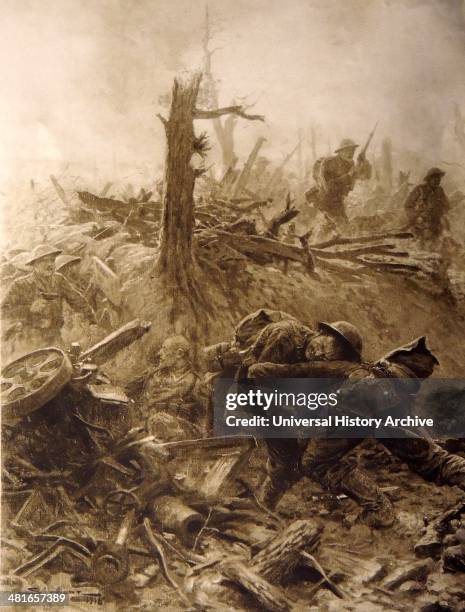 World War I - In the Forest of Delville English soldiers advance through the German positions with bayonettes at the ready. An English soldier is...