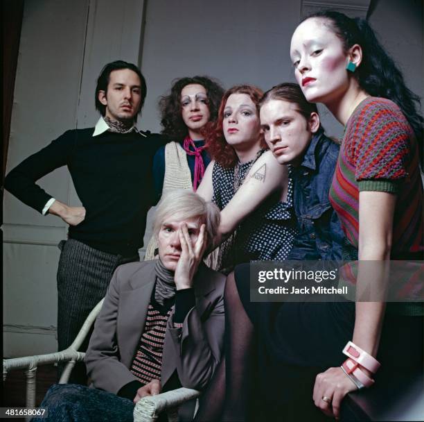 Andy Warhol photographed at the Factory with superstars Jane Forth, Jackie Curtis, Joe Dallesandro, Holly Woodlawn and Fred Hughes, Andy Warhol's...