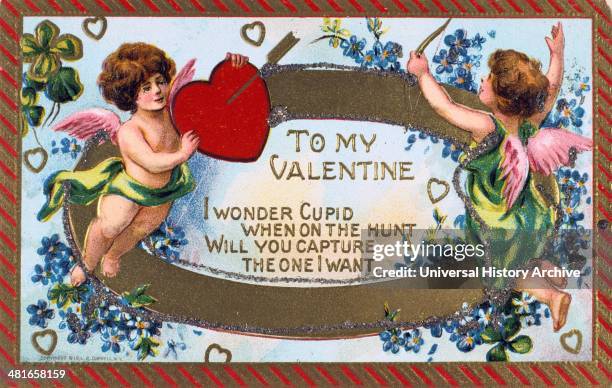 To My Valentine', American Valentine card, c1908. Cupid shoots an arrow into a heartheld up by a putto. The words are surrounded by garlands of...