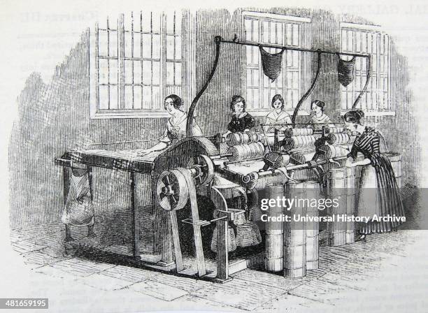 Women drawing flax, Marshall's Flax Mill, Leeds, Yorkshire. Engraving, London, 1843.