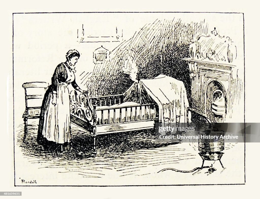 Using an Arnold sterilizer as a bronchitis kettle to produce steam impregnated with eucalyptus or Friar's Balsam to relieve shortness of breath. Engraving, London, 1891.