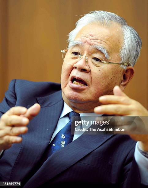 Keidanren, Japan Business Federation President Hiromasa Yonekura speaks during the Asahi Shimbun interview at the Keidanren headquarters on June 30,...