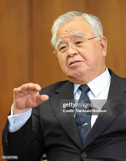 Keidanren, Japan Business Federation President Hiromasa Yonekura speaks during the Asahi Shimbun interview at the Keidanren headquarters on June 30,...