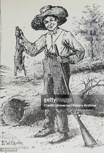 Huck Finn, orphaned waif of the backwoods, reflects the author's early years in Mississippi valley. Illustration for ''The Adventures of Huckleberry...