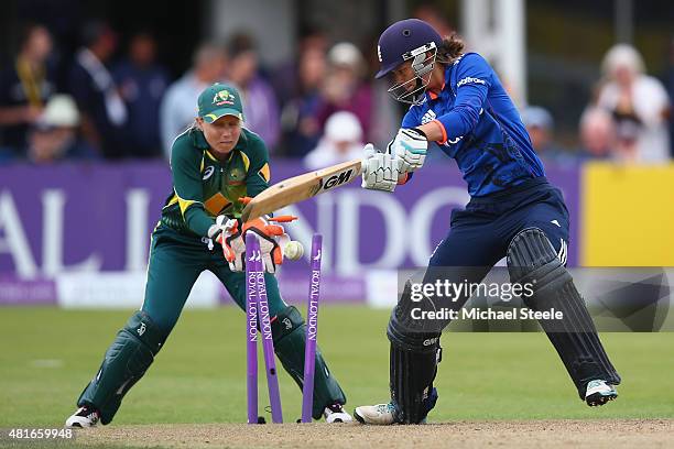 Amy Jones of England is bowled by Sarah Coyte of Australia during the 2nd Royal London ODI of the Women's Ashes Series between England and Australia...