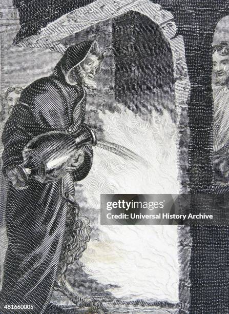 The Devil, in hooded cloak to hide his horns and cloven hooves, trying to extinguish the cleansing fire of Grace. Illustration by William Marshall...