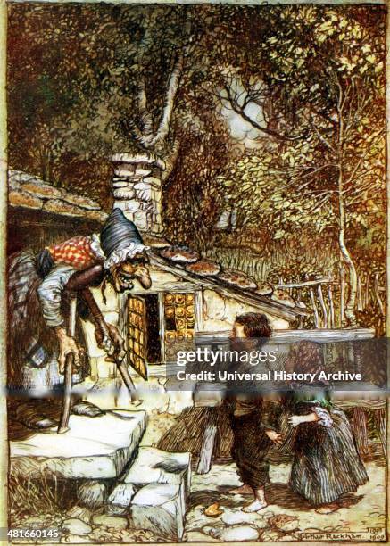 Hansel and Gretel and the Witch on the doorstep of her cottage, showing tiles made of gingerbread. Arthur Rackham illustration published 1899 for...