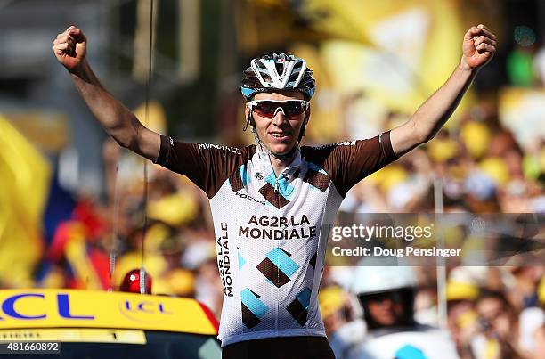 Romain Bardet of France and AG2R La Mondial Team crosses the finish line to win Stage Eighteen of the 2015 Tour de France, a 186.5km stage between...