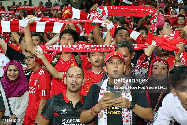 Fans and supporters of LFC at the Bukit Jalil stadium to watch a friendy match against Felda United on July 23, 2015 in Kuala Lumpur, Malaysia.