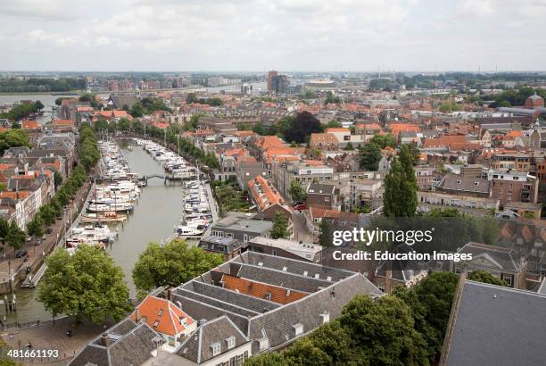 View looking over rooftops in the historic city center of Dordrecht, Netherlands.
