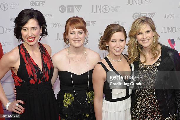 The Canadian gold medalists women's olympic curling team Jill Officer, Dawn McEwen,Kaitlyn Lawes and Jennifer Jones arrive on the red carpet at the...
