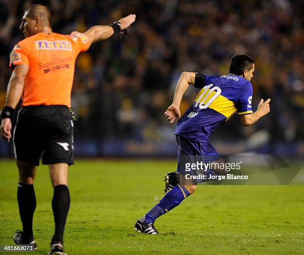 Roman Riquelme of Boca Juniors celebrates after scoring during a match between Boca Juniors and River Plate as part of 10th round of Torneo Final...