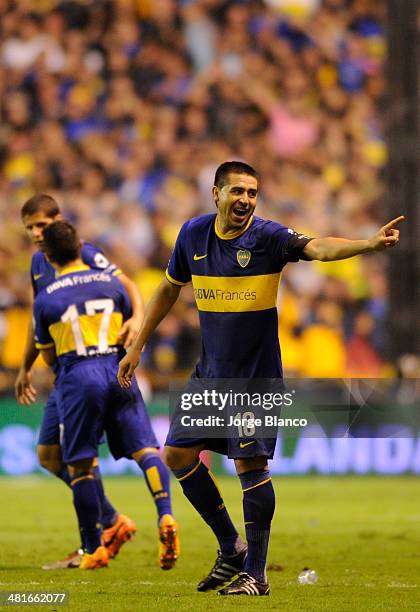 Roman Riquelme of Boca Juniors reacts during a match between Boca Juniors and River Plate as part of 10th round of Torneo Final 2014 at Alberto J....