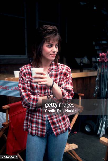 Portrait of musician Joan Jett on the set of the movie 'Light of Day' , Cleveland, Ohio, April 23, 1986.