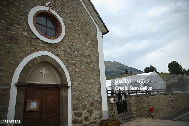 White tent stands in the cemetery next to St. Marthe's Church the day before a burial ceremony for the last victims of the Germanwings aircraft crash...