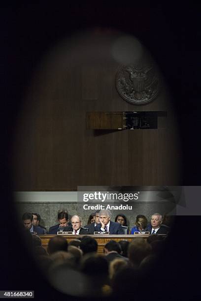 Committee members listen to testimony from Secretary of State John Kerry, Treasury Secretary Jack Lew, and Energy Secretary Ernest Moniz during a...