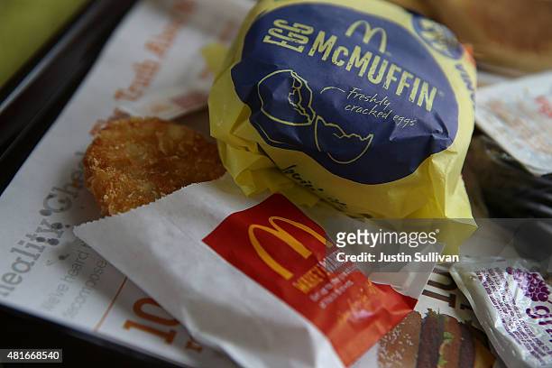 McDonald's Egg McMuffin and hash browns are displayed at a McDonald's restaurant on July 23, 2015 in Fairfield, California. McDonald's has been...