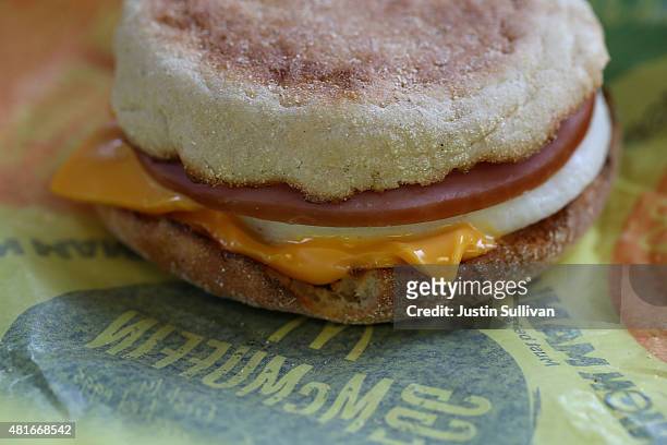 McDonald's Egg McMuffin is displayed at a McDonald's restaurant on July 23, 2015 in Fairfield, California. McDonald's has been testing all-day...