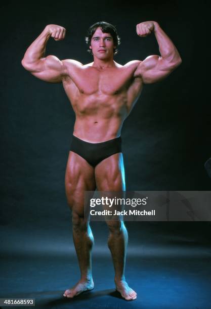 Professional bodybuilder Arnold Schwarzenegger posing at the top of his form in October 1976.