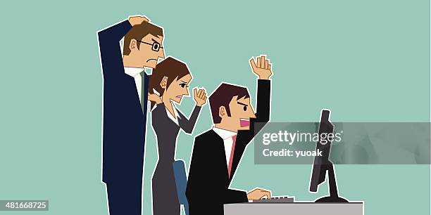 business team angry at computer - technophobe stock illustrations