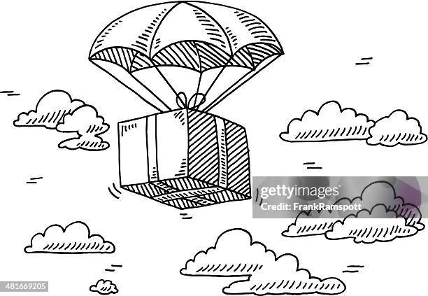 flying box parachute sky drawing - black and white sketch clouds stock illustrations
