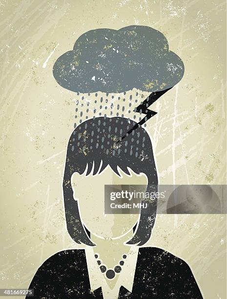 geschäftsfrau mit einer dunklen wolken - pessimismus stock-grafiken, -clipart, -cartoons und -symbole