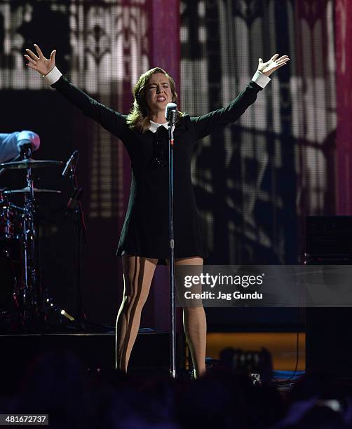 Singer Serena Ryder performs on stage at the 2014 Juno Awards held at the MTS Centre on March 30, 2014 in Winnipeg, Canada.